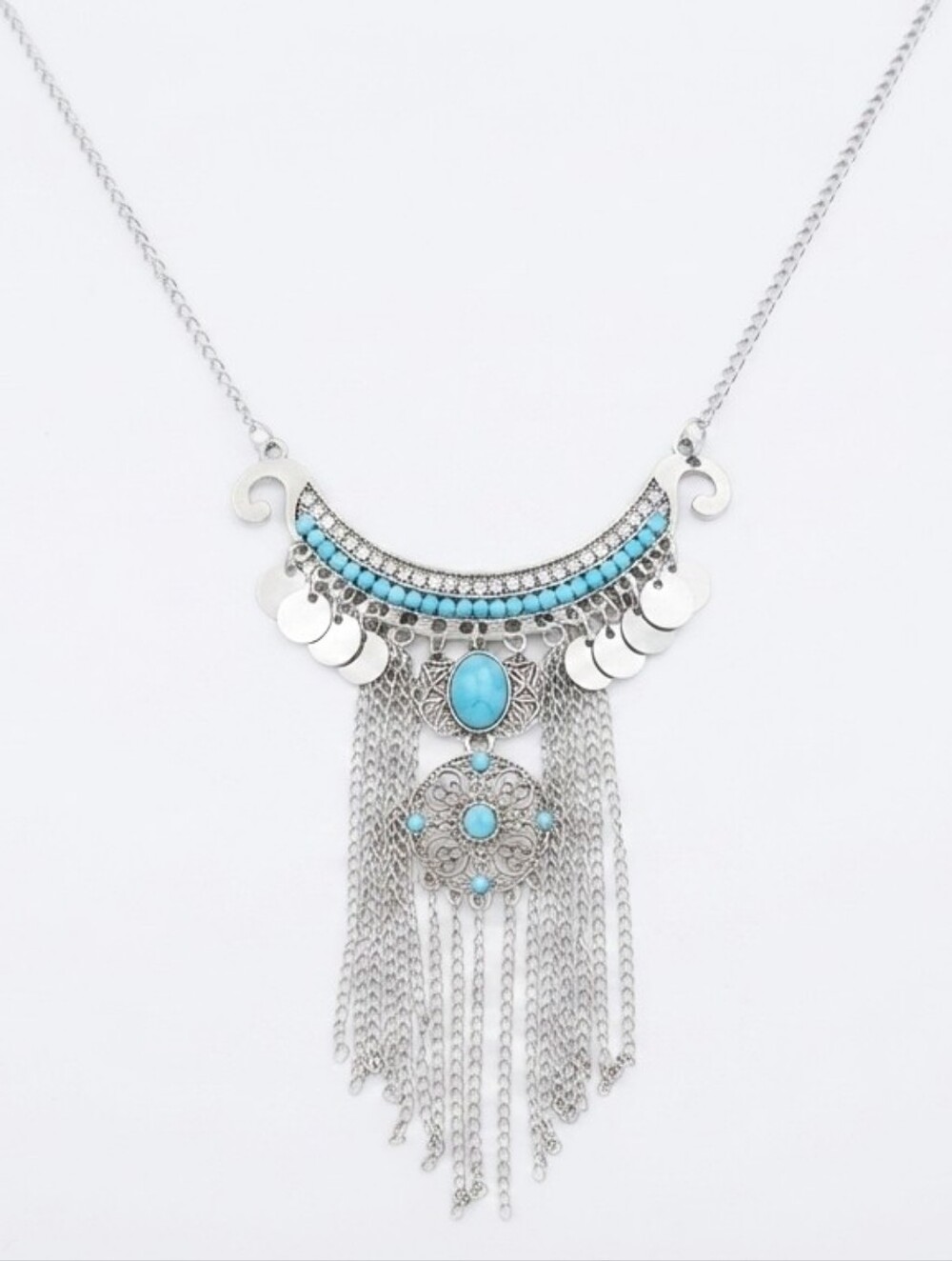 Silver Tone Turquoise Bib Necklace Pave Rhinestones Coin and Tassel Dangle